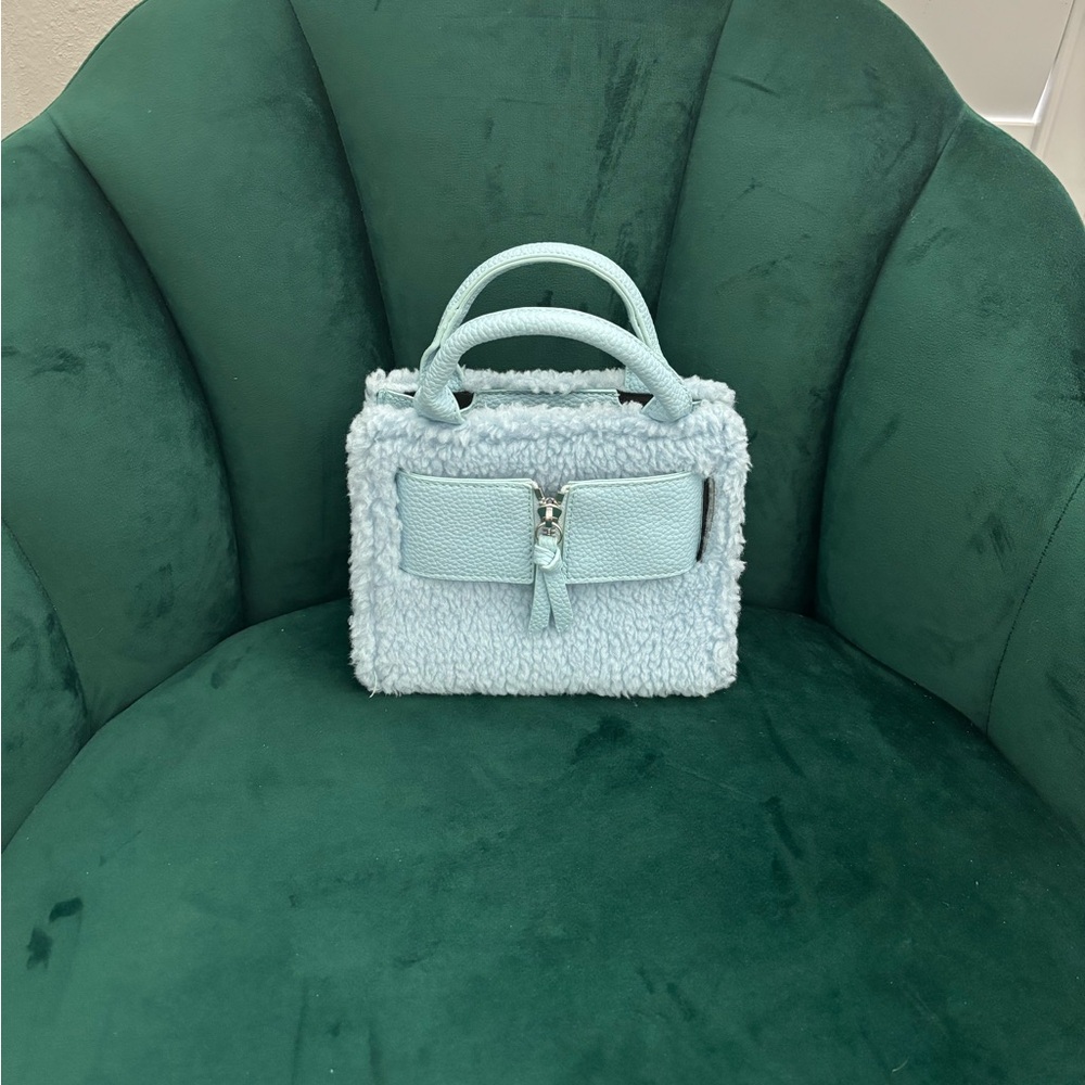 Brandon Blackwood discontinued blue fluffy/shearling fur mini bag (2020) NEW